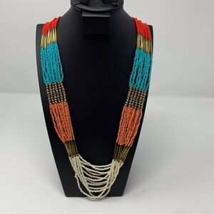 Vintage Layered Multicolor Red, Blue, White Seed Beaded Long Necklace 33" Unique